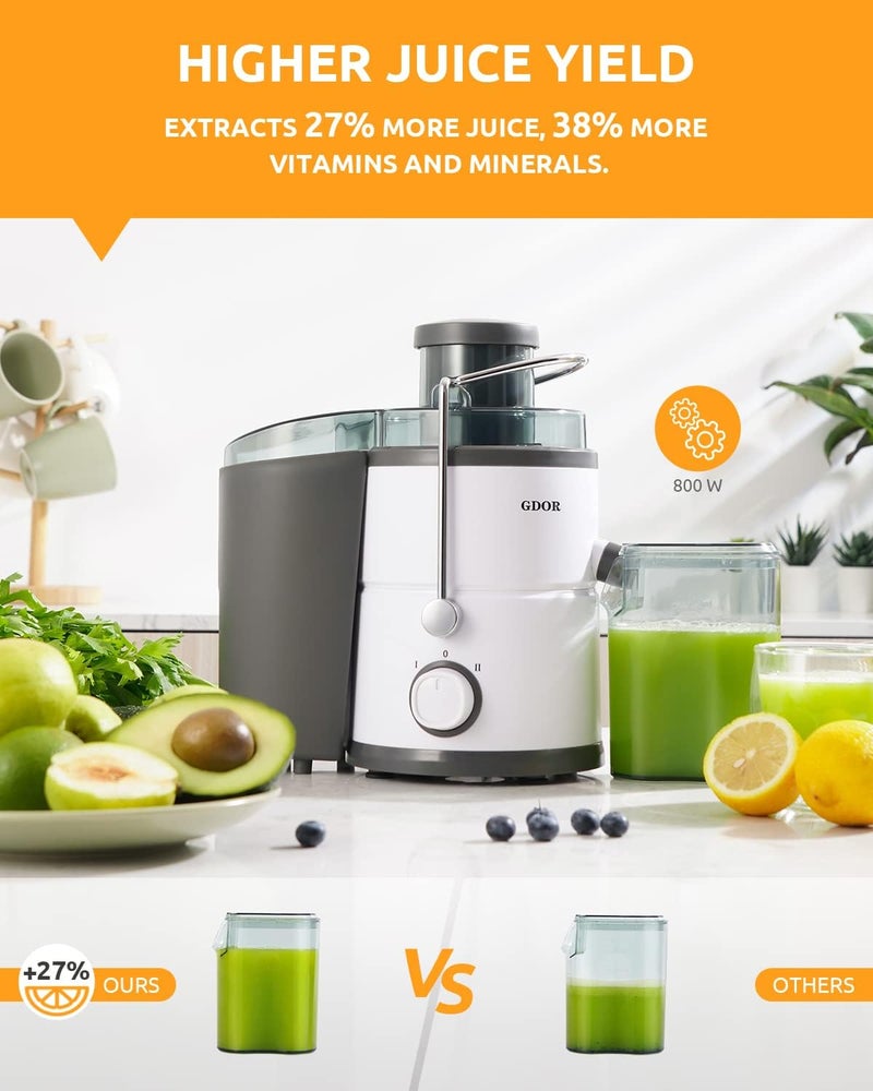 GDOR 800W Juicer Machine, 3” Wide Feed Chute, Dual-Speed Centrifugal Juicer for Fruits & Vegetables, Anti-Drip Function, BPA-Free, Easy to Clean with Brush, White - Image 2